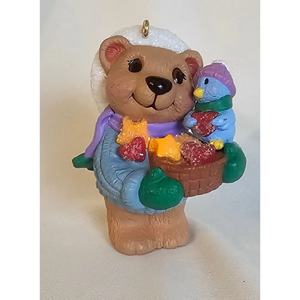 VTG Hallmark Christmas Ornament 3in Brown 1999 Bear Bird Basket Sweater Bell